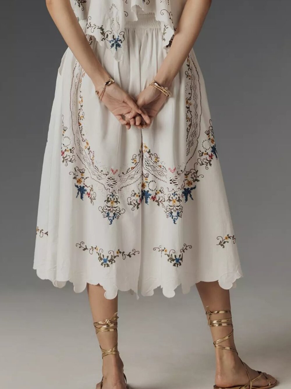 NWT Anthropologie Embroidered Culottes Sz M White Wide Leg Boho Scalloped Pants - Picture 4 of 14
